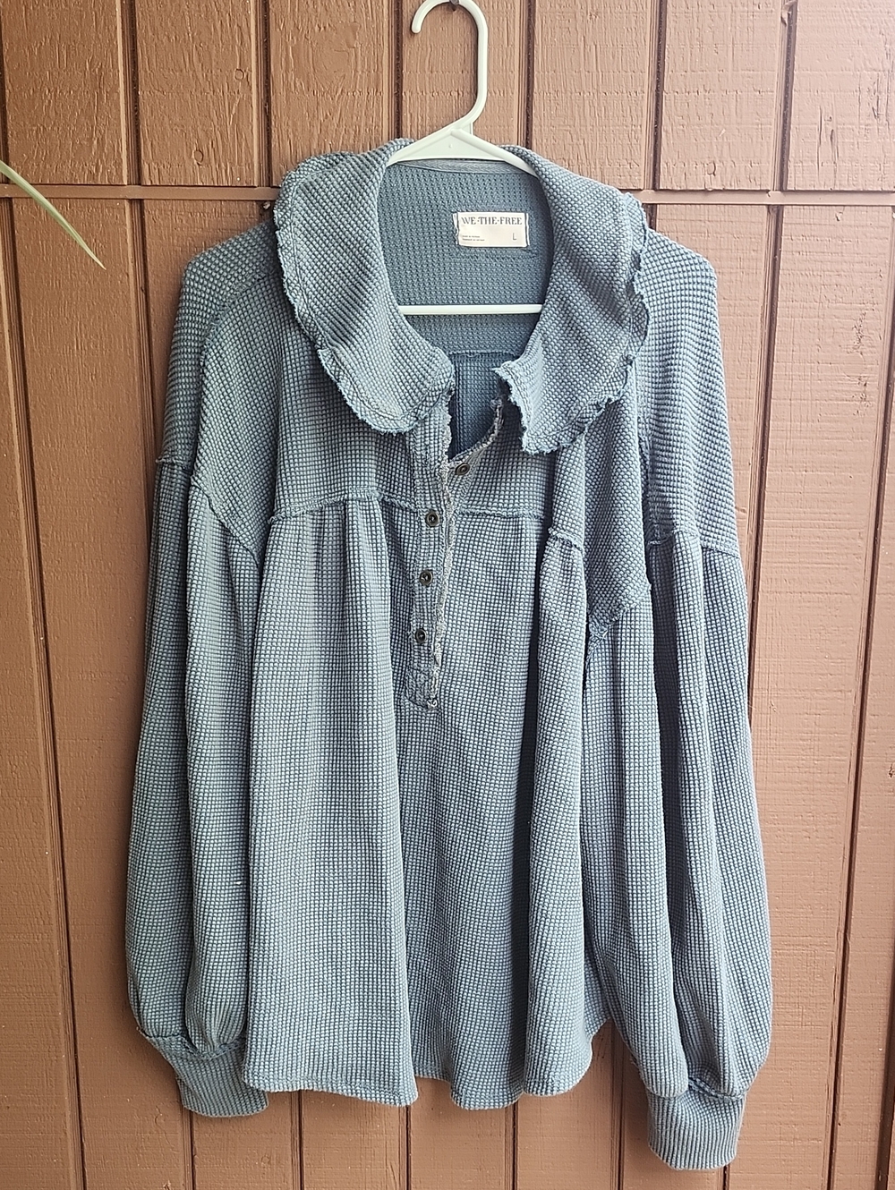 We The Free Dusty Blue Waffle-Knit Button Pullover with Ruffled Collar